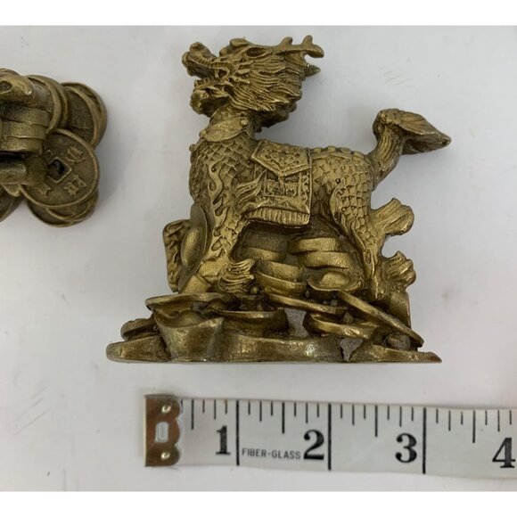 VTG Brass FengShui Foo Dogs Pair Dragon Figures Pi Xiu Figurines Lucky 3" 7892 - Picture 5 of 11